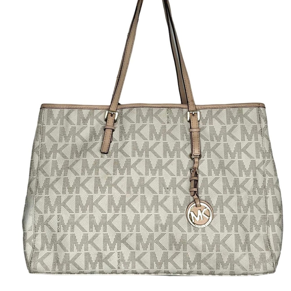 Michael Kors Jet Set Large Tote Vanilla Signature MK Logo Coated Canvas Leather